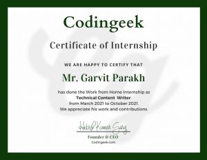 Garvit Parakh - Technical content writing internship certificate